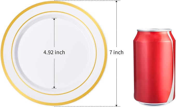 BESTSTAR 7 Inch White with Gold Rim Plastic Plates,100PCS Disposable Dessert/Appetizer/Small Cake Plates,Heavy Duty Plate Ideal for Wedding and Birthday