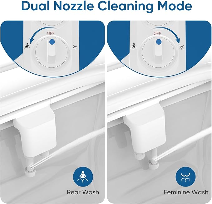 Bidet Attachment for Toilet Seat with Efficient Filter Element, Ultra-Slim Non-Electric Bidet, Posterior&Feminine Wash-(Retractable Dual Nozzles)，Adjustable Fresh Cold Water Pressure (White)