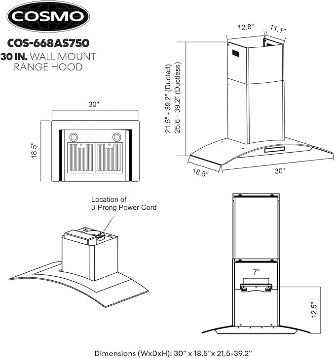 COSMO COS-668AS750 30 in. Vista Collection 380 CFM Ducted Wall Mount Range Hood, Touch Controls, LED Lights, Stainless Steel