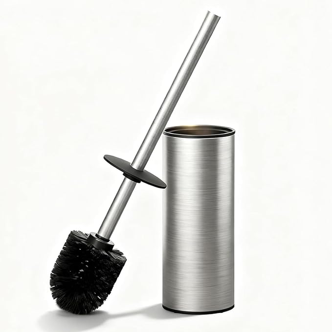 Toilet Brush and Holder Set, NEWRAIN Stainless Steel Toilet Brush with Long Brush Handle, Brushed Nickel Toilet Scrubber and Covered Holder, Round Design Sturdy and Space Saving, Covered Brush