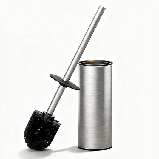 Toilet Brush and Holder Set, NEWRAIN Stainless Steel Toilet Brush with Long Brush Handle, Brushed Nickel Toilet Scrubber and Covered Holder, Round Design Sturdy and Space Saving, Covered Brush