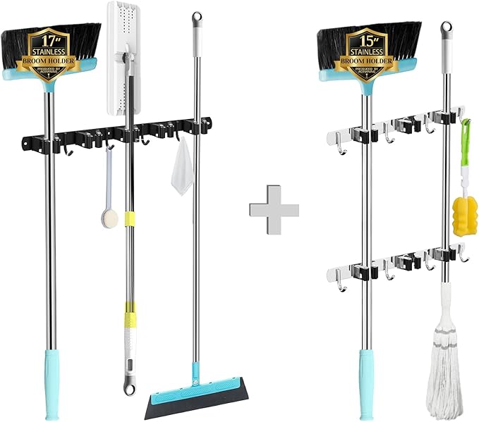 AceMining Plastic and Rubber Broom and Mop Storage Rack, Black, 5 Racks and 4 Hooks, Holds Up to 30 lbs