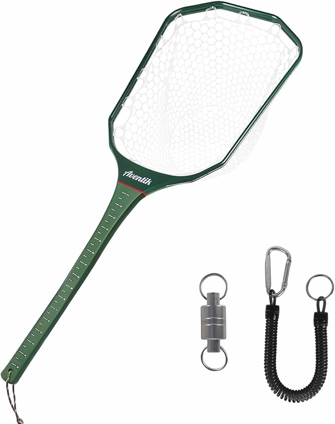 Aventik Floating Fly Fishing Net Carbon Fiber Square Landing Net with Accurate Measuring Handle Clear Rubber Ghost Mesh for Professional Trout Fishing Catch & Release
