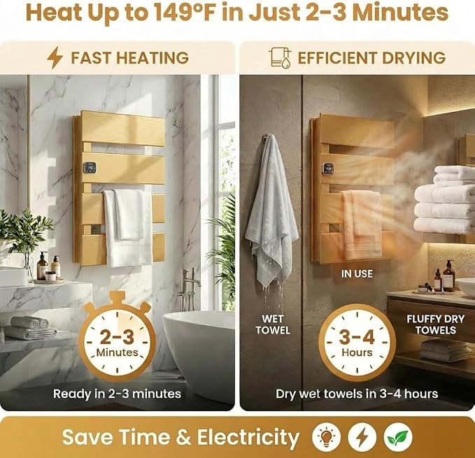 L Series Electric Towel Warmer for Bathroom, 4 Panel, Gold | Thermo Control and Timer, Fast Heat in 3 Mins, Dry Towels in 4 hrs, Memory Function, Work with Smart Plug, Left-Wiring