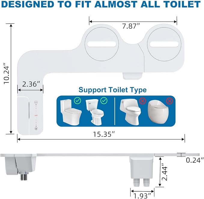 Bidet Attachment for Toilet, Non-Electric Self-Cleaning Dual Nozzle with Feminine and Rear Wash, Cold Water Sprayer with Adjustable Pressure, Easy to Install in White