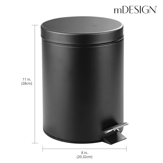 mDesign Pedal Bin — Metal Waste Bin with Pedal, Lid and Plastic Bucket Insert — Perfect for Bathroom, Kitchen, and Office — 5 Litre Household Rubbish Bin with Ergonomic Design — Black