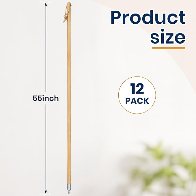KalTell 12PK Wooden Broom Handle 55”, Heavy Duty American Threaded Metal Tips Fits Most Push Brooms, Commercial Mops