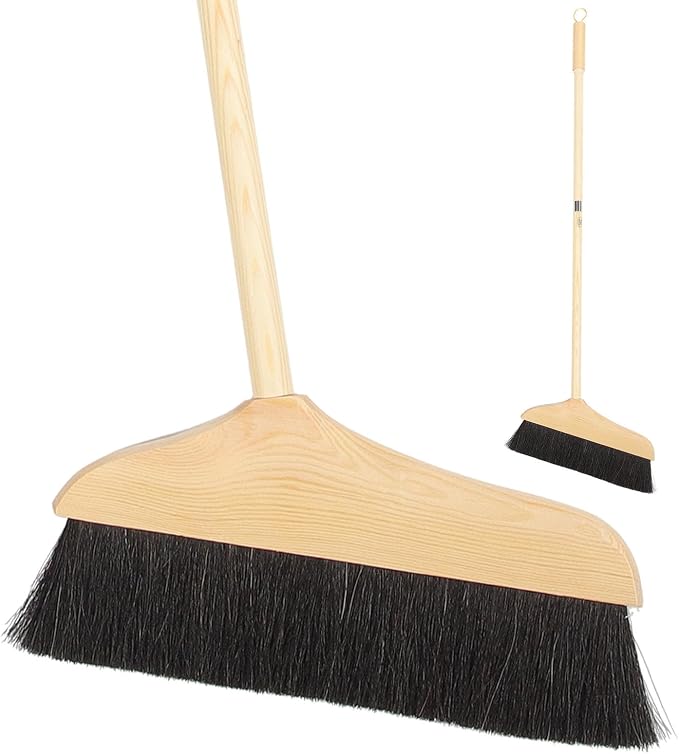 ULTECHNOVO Horsehair Broom for Hardwood Floors, Soft Bristle Indoor Sweeping Brush with Pine Wood Head, Anti-Static Dust Remover for Home Kitchen, 37 Inch Wood Long Handl