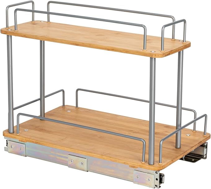 Household Essentials Glidez Steel and Bamboo Pull-Out/Slide-Out Storage Organizer for Under Sink or Cabinet Use - 2 -Tier Design - Fits Standard Size Cabinet or Shelf, Brushed Silver and Natural