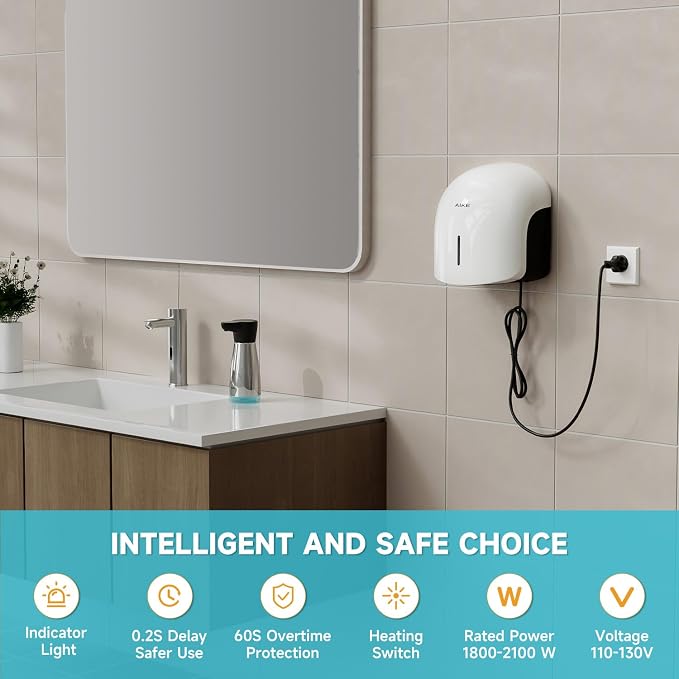 AIKE GentleAir Warm Hand Dryer,Low Noise Perfect for Home Bathrooms,White Cover AC110V-130V,Model AK2637