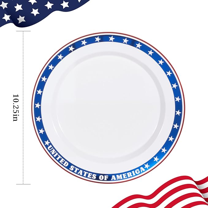 BESTVIP 50Pcs 4th of July Plastic Plates 10 Inch - Heavy Duty American Flag Patriotic Disposable Plates, Red White Blue Dinnerware for Independence Day Veterans Day BBQ party supplies