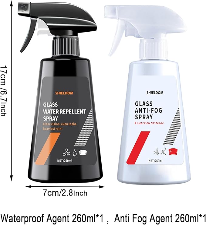SHIELDOM Anti Fog Spray & Rain Repellent Spray for Car Windshield Glass Water Repellent Defogger Spray Waterproof Prevent Fogging for Automotive Windows Mirrors Glasses Goggles Helmets - Pack of 2