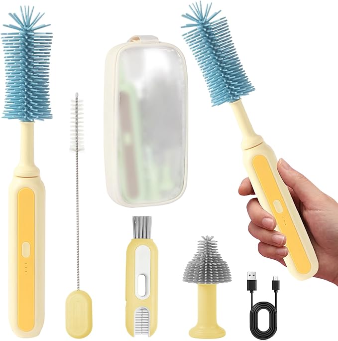 Electric Baby Bottle Brush Cleaner, 5-in-1 Travel Kit with Storage Bag, Food-Grade Silicone, Long Battery Life, Portable Baby Bottle Cleaner Brush Set, Ideal Gift for Parents & Babies (Yellow)