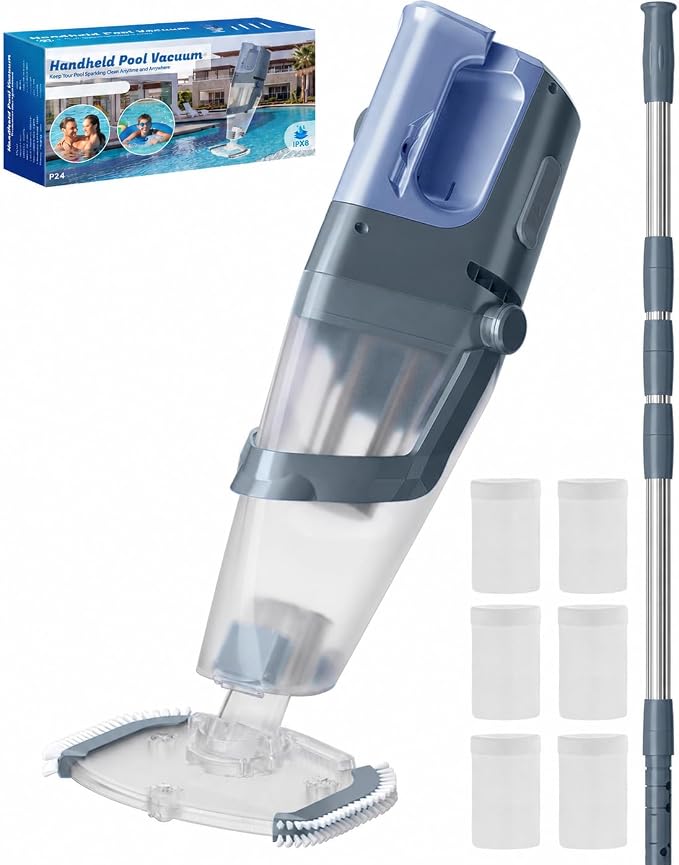 Cordless Handheld Pool Vacuum Cleaner with Telescopic Pole, 26.5 GPM Powerful Suction, Longer 1H Runtime, Pool Vacuums for Above Ground/Inground Pools, Hot Tubs, Spas, Navy Blue