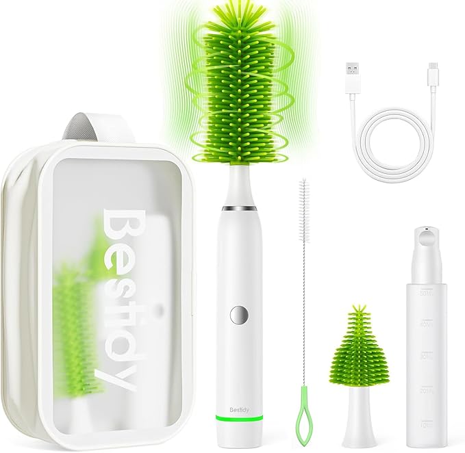 Bestidy Electric Baby Bottle Cleaner Kit for Travel- Rechargeable 360° Rotation Electric Baby Bottle Brush with Replaceable Nipple/Straw Brush, 2-Speed Modes, 50ml Lotion Bottle & Storage Bag