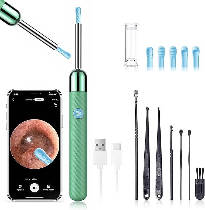 LEIPUT Ear Wax Removal - Earwax Remover Tool with 8 Pcs Ear Set - Ear Canal Cleaner with 1080P Camera - Ear Cleaning Kit with 6 Ear Spoon - Ear Camera for iOS & Android (Green)