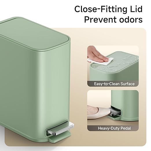 TIPGO Small Bathroom Trash Can with Lid Soft Close, Step Pedal, 1.3 Gallon / 5 Liter Stainless Steel Slim Garbage Can for Office, Diaper Waste Basket with Removable Inner Bucket (Green)