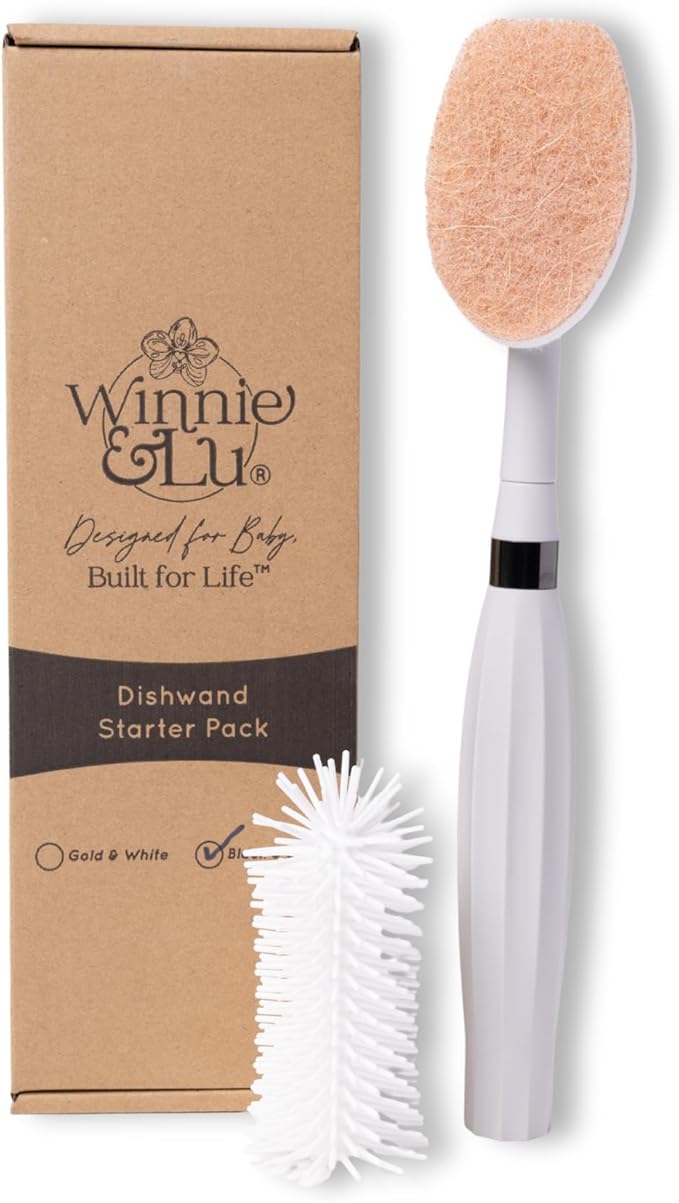Spristle Wand Starter Set by Winnie & Lu – Premium Dish Wand & Bottle Washer Set, Interchangeable Sponge, Silicone Bristle Head, Eco-Friendly Cleaning (Black & Stone)