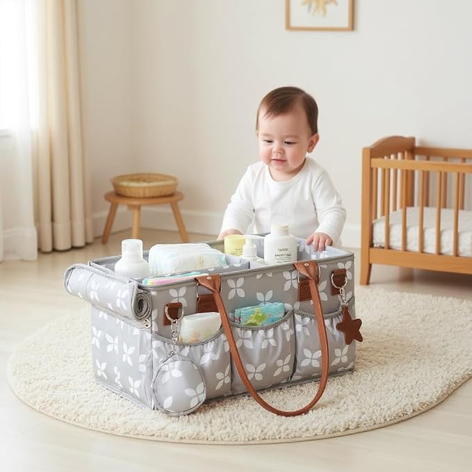 Moteph Diaper Caddy with Changing Mat, Large Baby Diaper Caddy Organizer with Lid, Portable Organizer Basket for Nursery and Car, Shoulder Strap and Pacifier Organizer