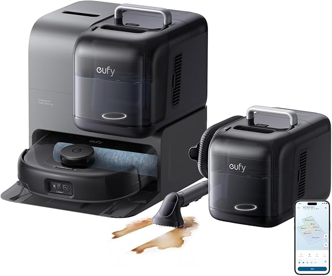 eufy Certified Like-New Robot Vacuum E28, Portable Deep Cleaner for Carpet, HydroJet System with Roller Mop, All-in-One Robot Vacuum and Mop Combo, Corner-to-Edge Cleaning (Renewed)