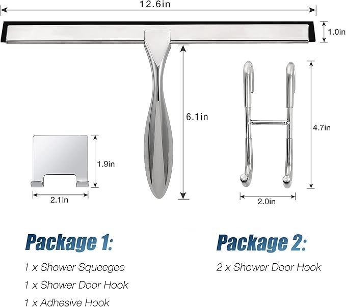 Simtive 12-Inch Shower Squeegee (Includes 1 Shower Door Hook and 1 Adhesive Hook), Shower Door Hooks (2-Pack), Both Silver, 2 Item Bundle