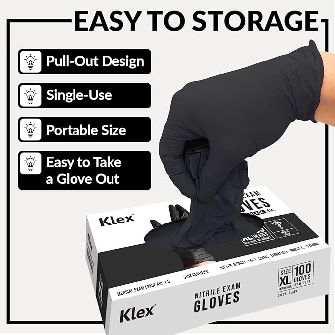 Klex Nitrile Exam Gloves - Medical Grade, Powder Free, Latex Rubber Free, Disposable, Food Safe