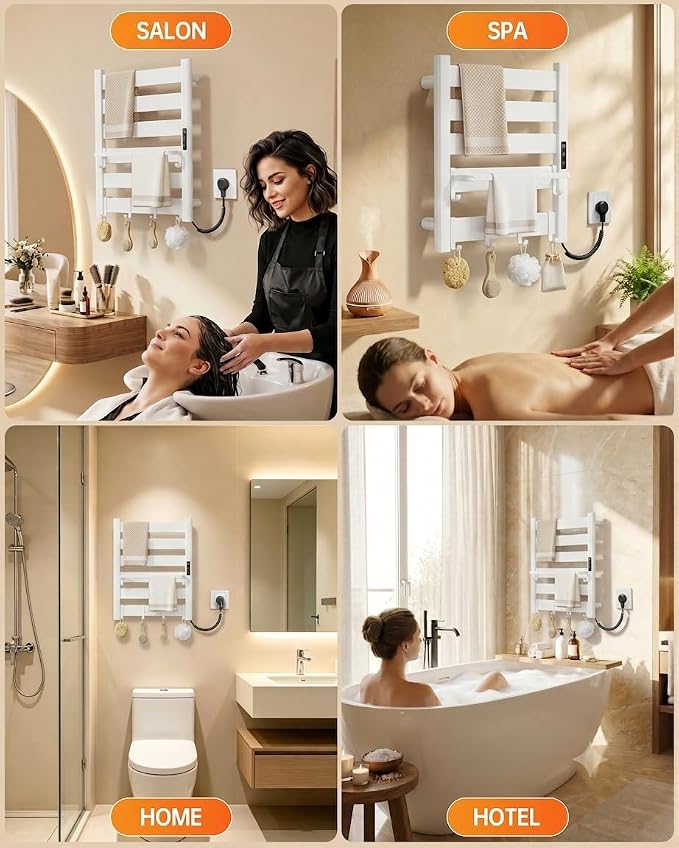 6-Bar Wall-Mounted Heated Towel Rack – Fast PTC Heating in 6 Minutes, Adjustable Temperature & Timer, Space Aluminum, Matte White, Large Capacity Blanket Warmer,Towel Warmer for Family Bathrooms