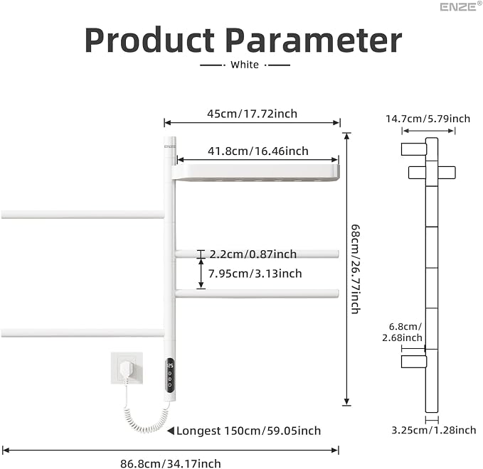 ENZE Smart Rotating Heated Towel Rack for Bathroom, 4-Bar Wall-Mounted Electric Towel Warmer with Swivel Shelf, Wi-Fi App Control, 24H Timer, Stainless Steel, IPX5, Hardwired/Plug-in, White