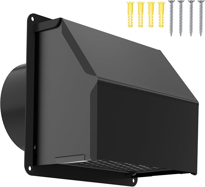 4 inch Dryer Vent Cover Outdoor,Wall Vent Cover for Dryer Outside with Rubber Cushioned Non Return Flap - Galvanized Steel Exhaust Vent Cover External Cap for Dryer Ducting/House/Range Hood/AC Black