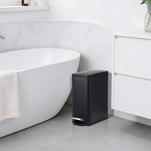 Garvee Small Bathroom Trash Can with Lid, 10 Liter / 2.6 Gallon Stainless Steel Garbage Can with Removable Inner Bucket & Step Pedal, Slim Metal Trash Bin for Toilet, Bedroom, Kitchen, Office, Black