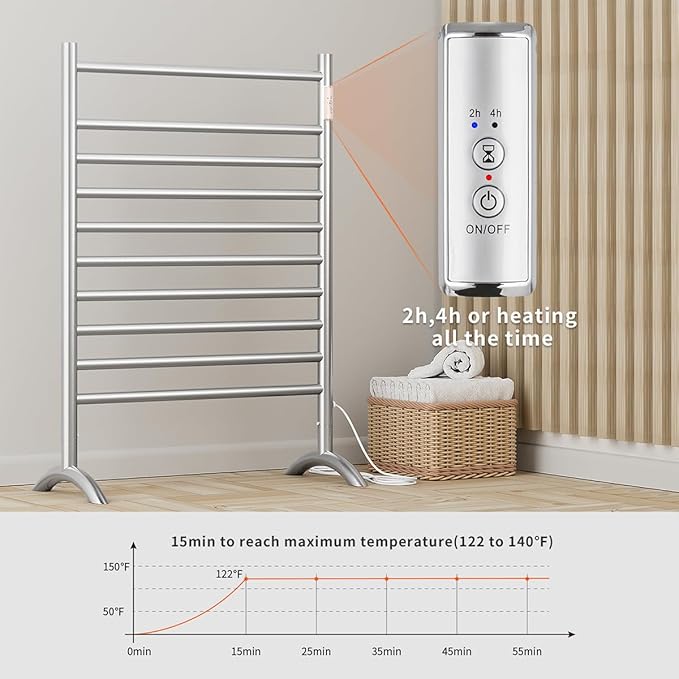 Freestanding Plug-in Towel Warmer 10-Bar Brushed Stainless Steel | Freestanding portable design for multi-scene use, ideal for bathroom, bedroom and living room.