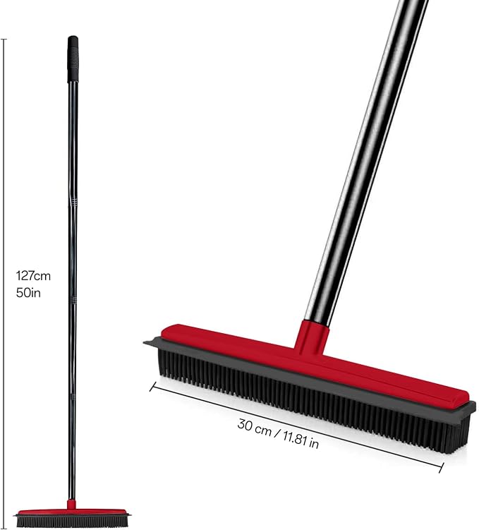 Pet Hair Rubber Broom with Squeegee for Carpet,Fur Remover Broom Carpet Rake for Pet Hair Removal, with 50"（130cm） Long Handle, Dual-Sided for Hardwood Floor, Tile,Portable Detailing Lint Brush-Red