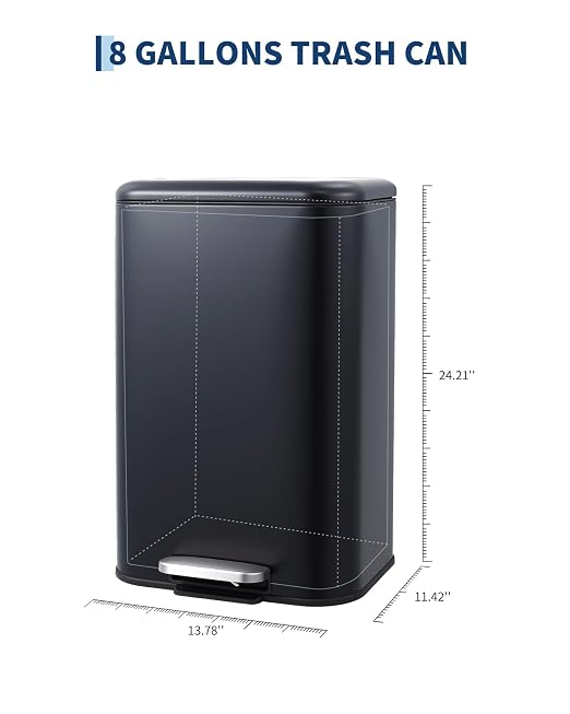 Garvee 8 gal Kitchen Trash Can, Step Garbage Can with Soft-Close Lid, Stainless Steel Recycling Bin with Removable Inner Bucket, Rectangular Waste Container for Living Room, Office, Black
