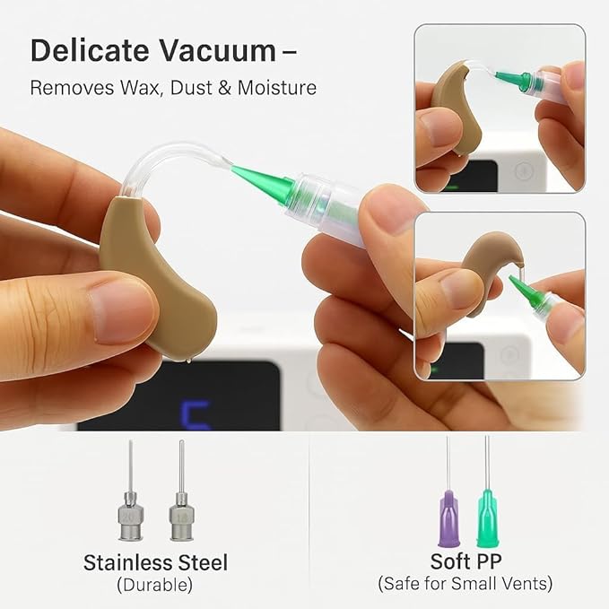 Hearing Aid Cleaning Vacuum Kit – with 8 Tips, Digital Display – Compatible with Hearing Aids, Earbuds & in-Ear Monitors