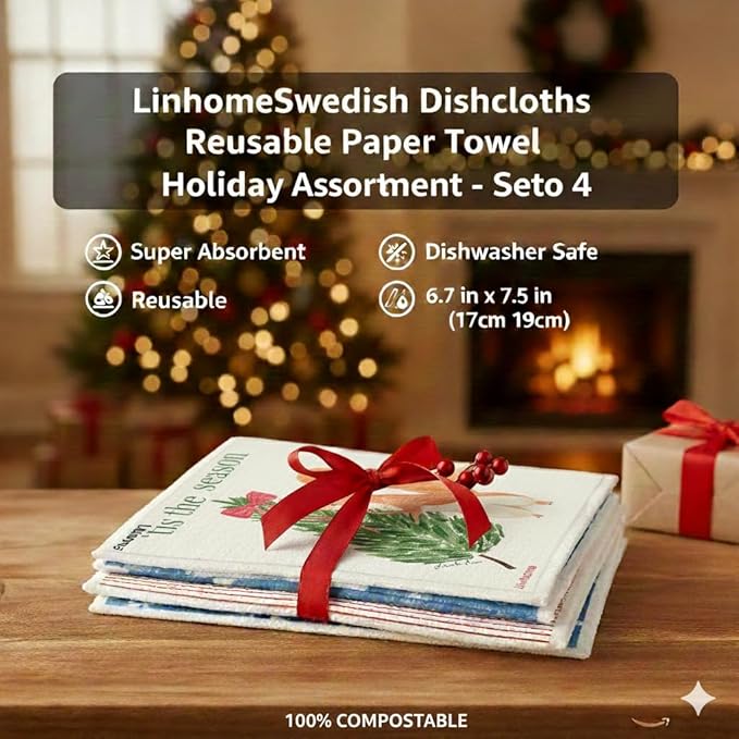 Christmas Holiday Swedish Dishcloth, Reusable Paper Towel, Super Absorbent Cellulose Sponge, Washable Kitchen Cleaning Cloth (Evergreen Holiday - 4 Pack)