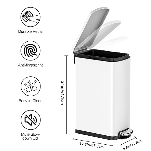 GarveeHome 8 gal Slim Rectangular Stainless Steel Trash Can with Soft Close Lid and Removable Bucket for Kitchen, Bathroom, Office, White