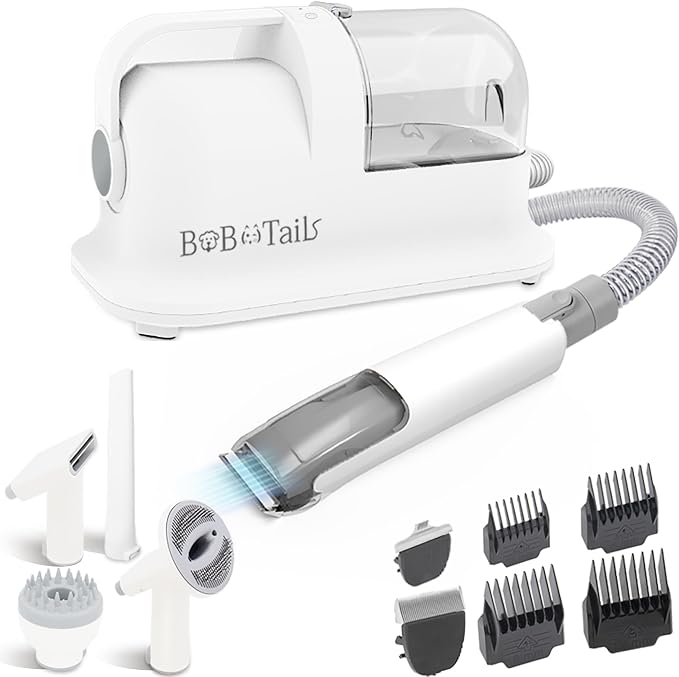 Pet Grooming Vacuum Kit, 1.5L Dust Cup Dog Grooming Vacuum 8 in 1, Dog deshedding Brush with Clipper Low Noise Mess-Free for Shedding Pet Hair, Home Cleaning (White)