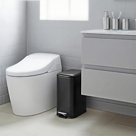GlowSol Bathroom Trash Can with Lid, 3.2 Gallon 12 L Stainless Steel Step Trash Can with Removable Liner Bucket, Slim Small Wastebasket for Toilet Bedroom Office, Black