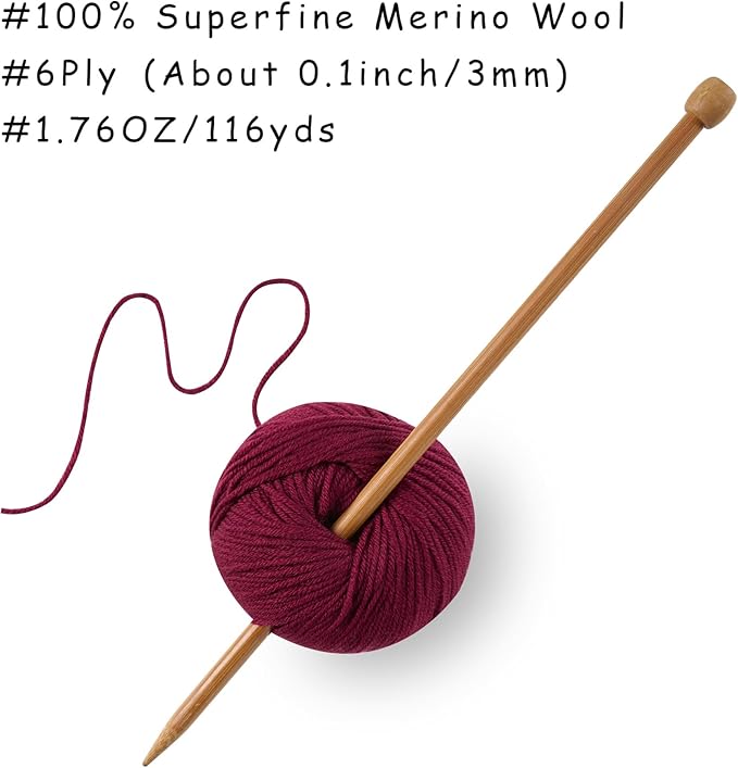 100% Merino Wool Yarn, 6-Ply Luxurious and Soft Yarn for Hand Knitting & Crocheting, 1.76 OZ/50g, 127 yds/116 Meters(Deep Red, 1 Ball)