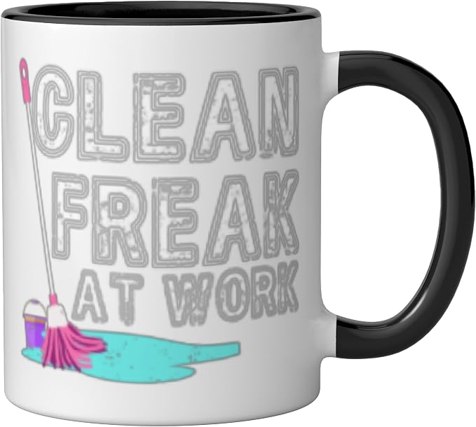 Clean Freak at Work Cleaning Ceramic Mug, Black/White