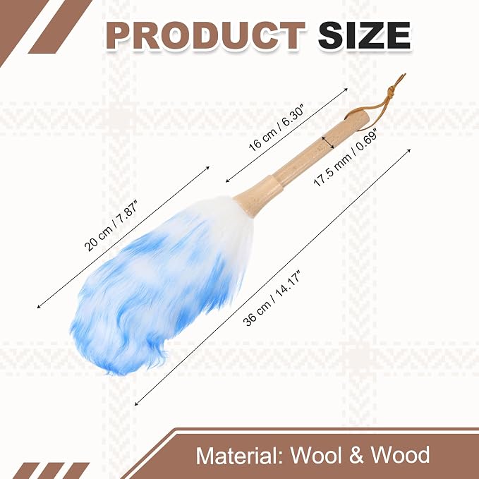 uxcell Wool Duster, 14.2" Natural Feather Cleaner Household Cleaning Duster with Solid Wooden Handle for Cleaning Fans Window Blinds Shelves Furniture, White Blue