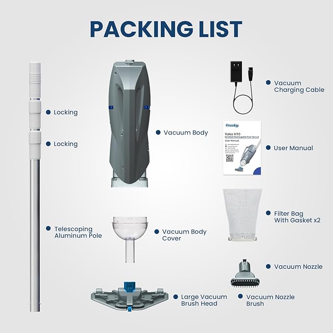 Cordless Pool Vacuum for Above Ground Pool with Telescopic Pole, 18.5 GPM Powerful Suction, 45 Mins Runtime, Rechargeable Handheld Pool Cleaner with 2 Brush Heads for Inground Pools