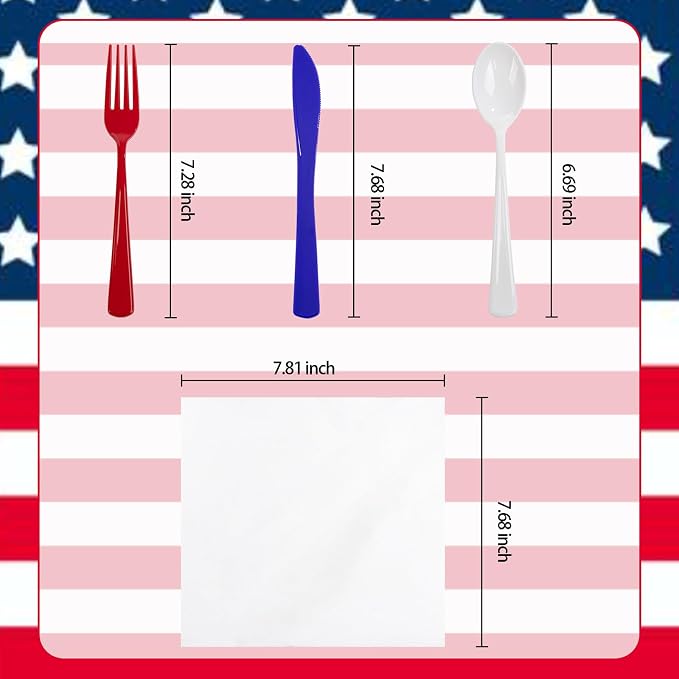 Liacere 400PCS 4th of July Pre Rolled Silverware and Napkin-Disposable Utensils-Wrapped Plastic Patriotic Cutlery Set,100 Red Forks,100 Blue Knives,100 White Spoons,100 Napkins for Independence Day