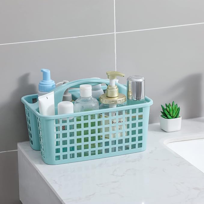 JiatuA Portable Shower Caddy Basket with Compartments Cleaning Supplies Organizer with Handle Plastic Storage Divided Basket Tool Bin for Bathroom, Bedroom, Kitchen, College Dorm, Grey & Light Blue