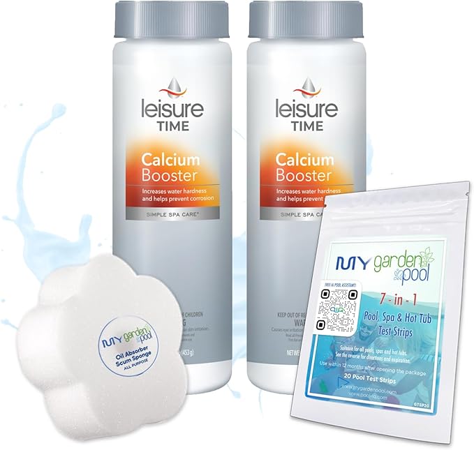 Leisure Time Calcium Booster 2 LB (1 LB x 2 pc) with My Garden Pool 20 Ct. Test Strips & Scum Sponge Flower Oil-Absorbing Sponge for Hot Tubs and Pools (2)