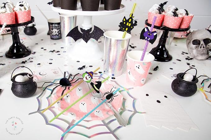 24pcs Halloween Party Favor Castle Bat Pumpkin Ghost Cat Witch Spider Pattern Reusable Straight Straws Party Favor Halloween Party Supplies with 2 Cleaning Brushes 6 Colors.