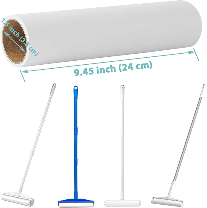 9.45 inch Lint Roller Refills for Floor Lint Roller Replacement 9.4 inch to 9.5 inch Wide Large Floor and Carpet Lint Remover Refills, Pack of 3 Rolls Extra Sticky 180 Sheets Total