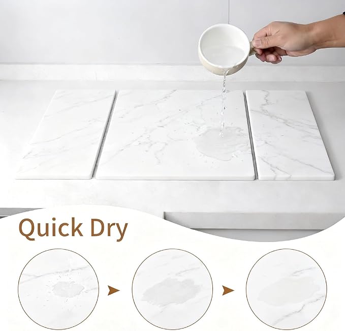 Large Quick-Dry Stone Drying Mat for Kitchen Counter, 24" × 16", Foldable Diatomaceous Earth Dish Drying Mat with PU Non-Slip Base,for Bottles Cups Dishes (White (3-fold), 24" × 16")