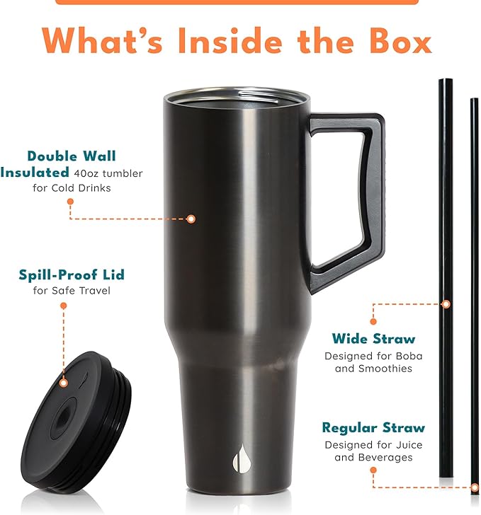 Elemental 40 oz Tumbler with Handle and Straw - Spill Proof Insulated Stainless Steel Commuter for Cold Beverages - Travel Coffee Mug with 2 Straws & Spill Proof Lid - 40oz- Gunmetal