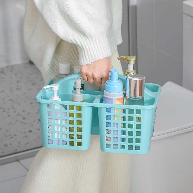 JiatuA Portable Shower Caddy Basket with Compartments Cleaning Supplies Organizer with Handle Plastic Storage Divided Basket Tool Bin for Bathroom, Bedroom, Kitchen, College Dorm, Grey & Light Blue